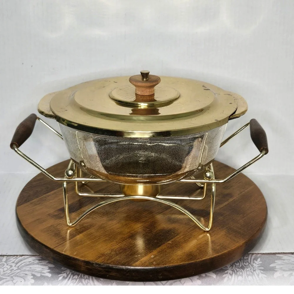 Fire King 2QT Gold Luster Glass Casserole Dish with Brass Lid and Warming Stand